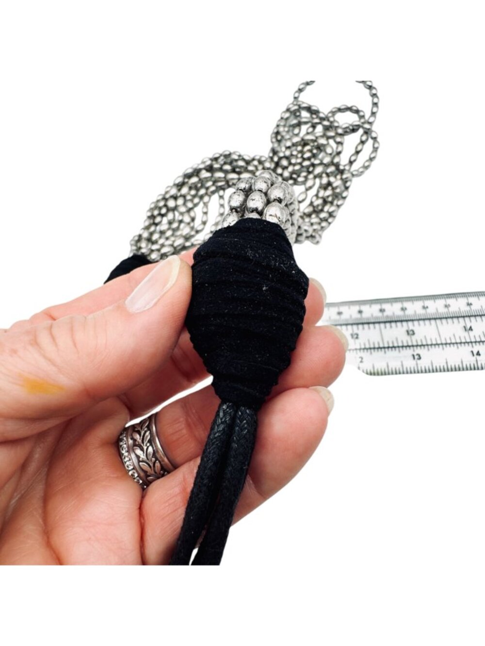 Vintage Multi-Strand Metal Bead Necklace Statement Black and Silver Leather 36" - Picture 8 of 9